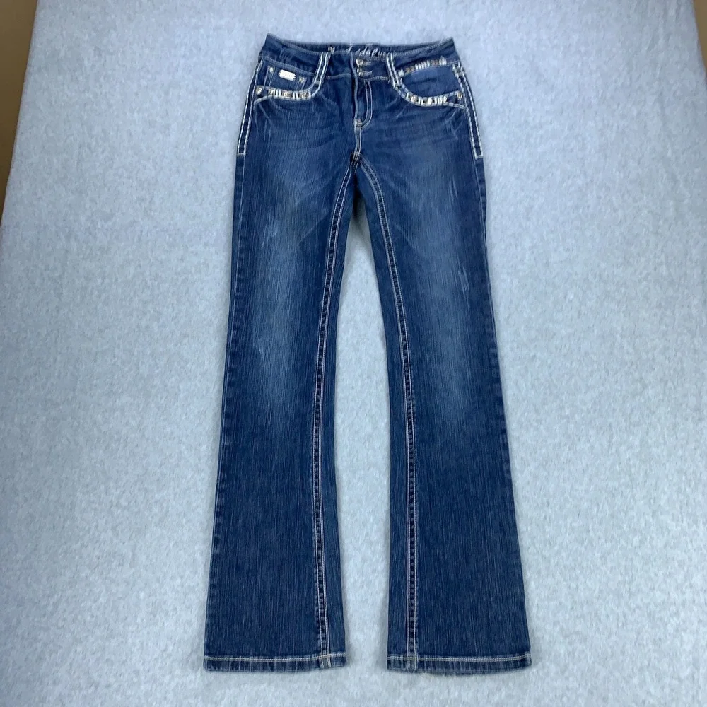 L.A. Idol Bootcut Jeans Womens 7 Blue Rhinestone Embroidered Pockets Stretch